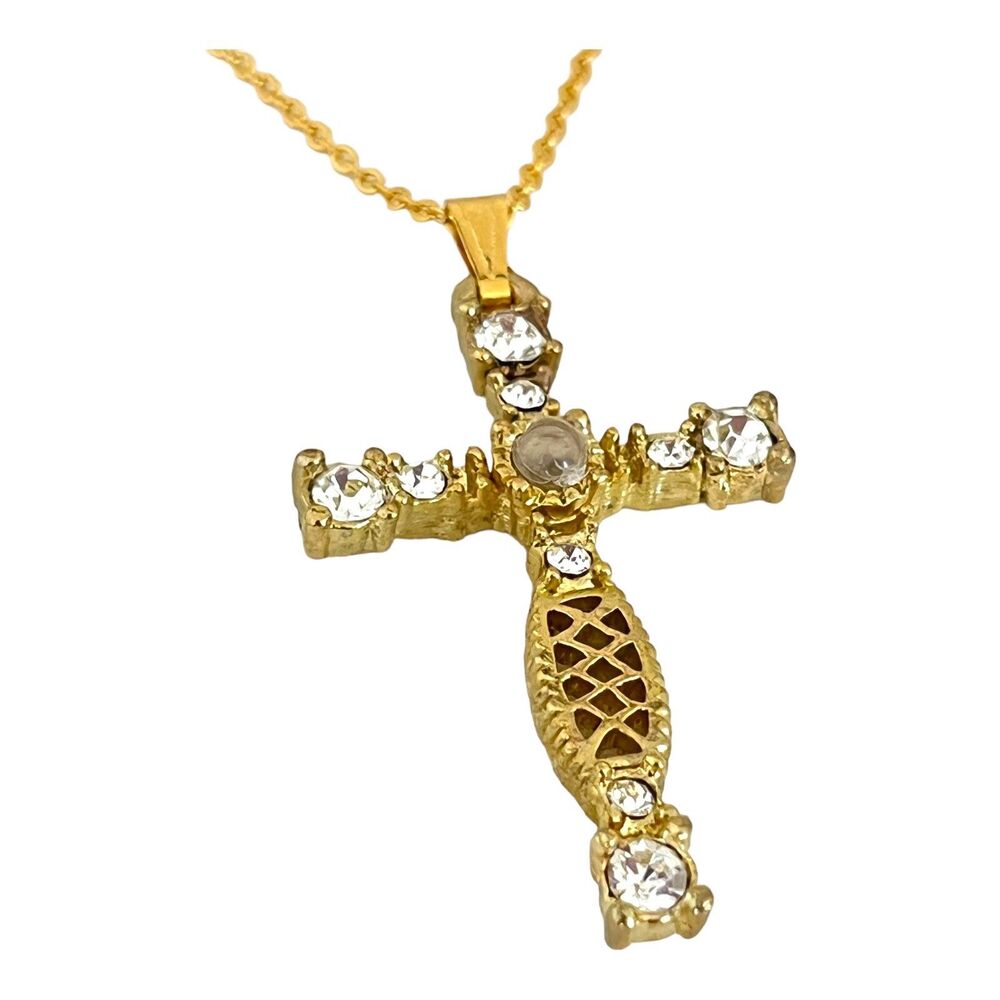 Vintage 1980s Ornate Cross Pendant Necklace Crystal Gold Tone - 2Q